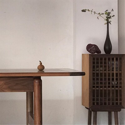 MUMO木墨 栅格柜 红橡木三层边柜可移动层板黑胡桃木栅格柜