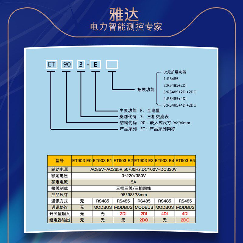 雅达/YADA/ET903-E系列智能多功能电表嵌入安装开孔配485谐波测量