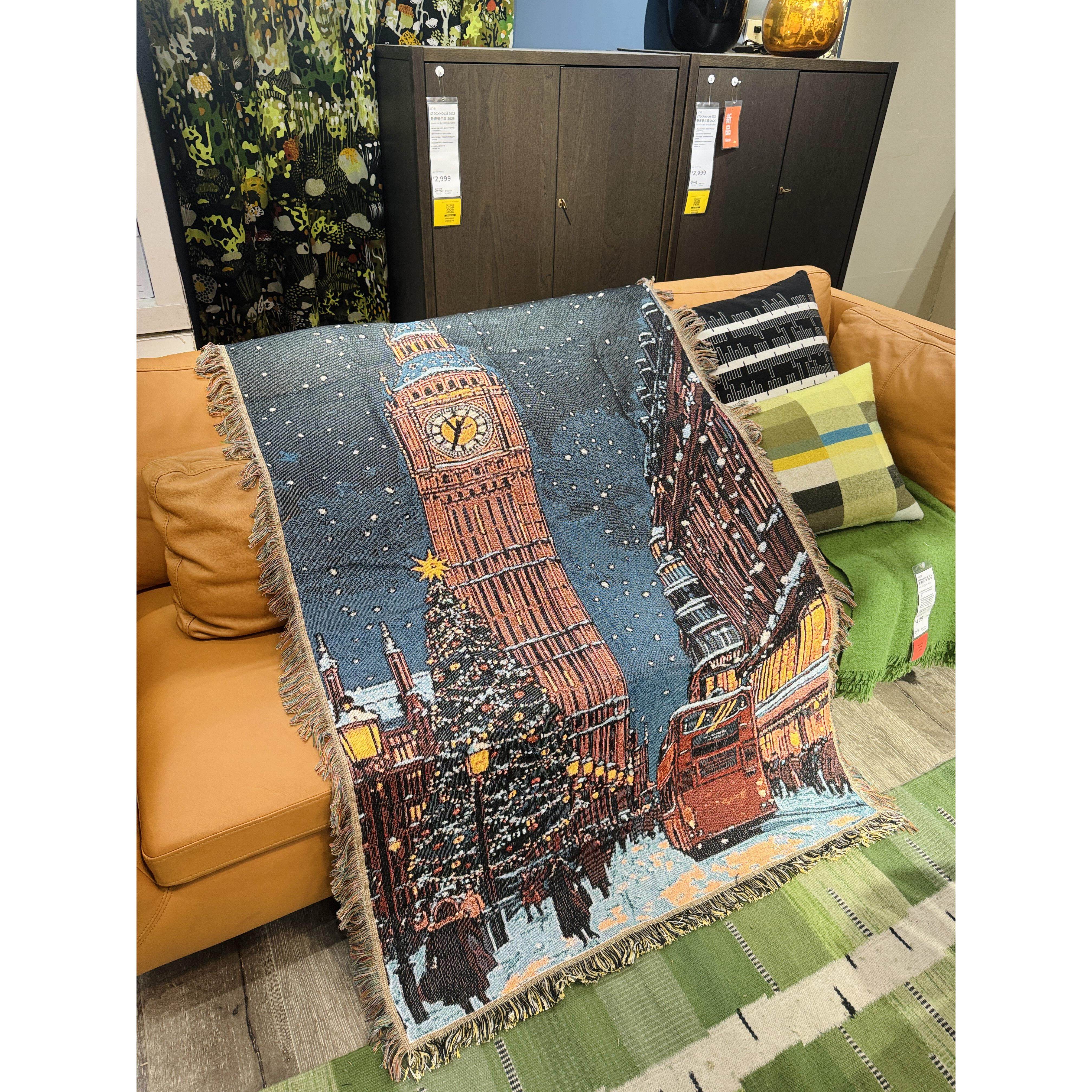 伦敦雪景圣诞节日装饰挂毯单人沙发毯针织盖毯卧室背景毯挂画毯子