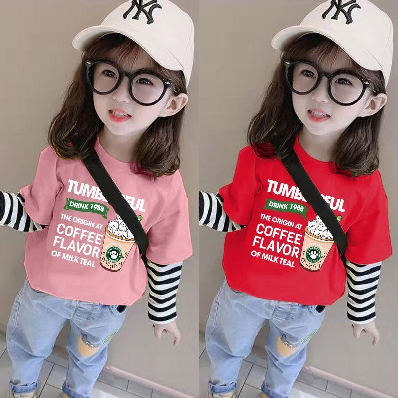 女童假两件休闲上衣纯棉长袖t恤