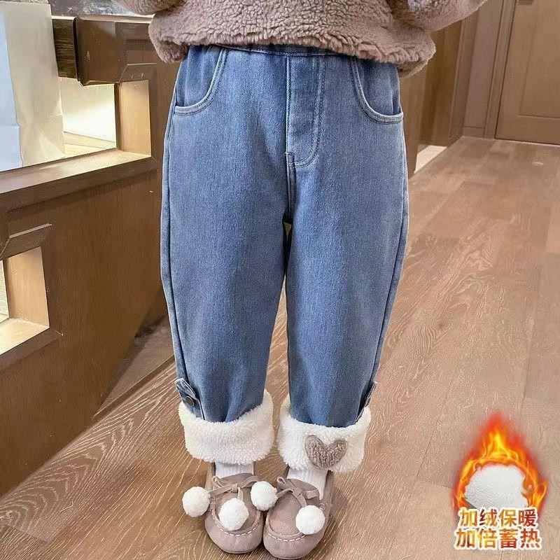女童棉裤加绒加厚j牛仔裤2024新款秋冬款一体绒儿童装宝宝冬装裤