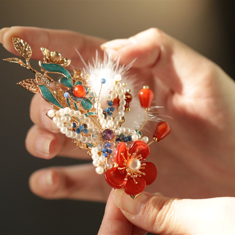 夹子头饰 发夹古典中国风 红色秀D禾烧蓝汉服旗袍配饰新年边夹侧