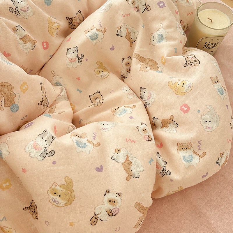 A类卡通双层纱小奶猫母婴级纯棉纱C布单件床单被套枕套可配3四件