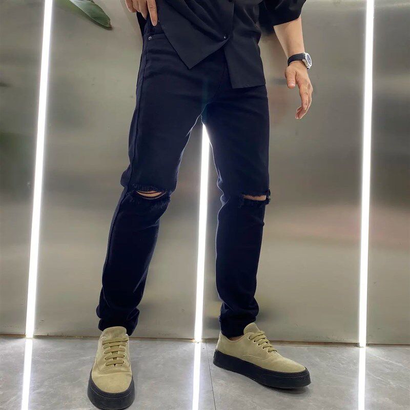 高端黑色破洞牛仔裤男不掉色202B2新款韩版潮流修身小直脚休闲长