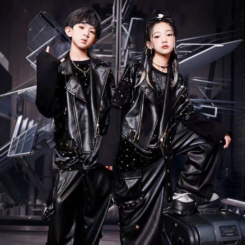 架子鼓演出服男童酷炫儿童街舞潮服hiphHop嘻哈皮衣套装舞台表演