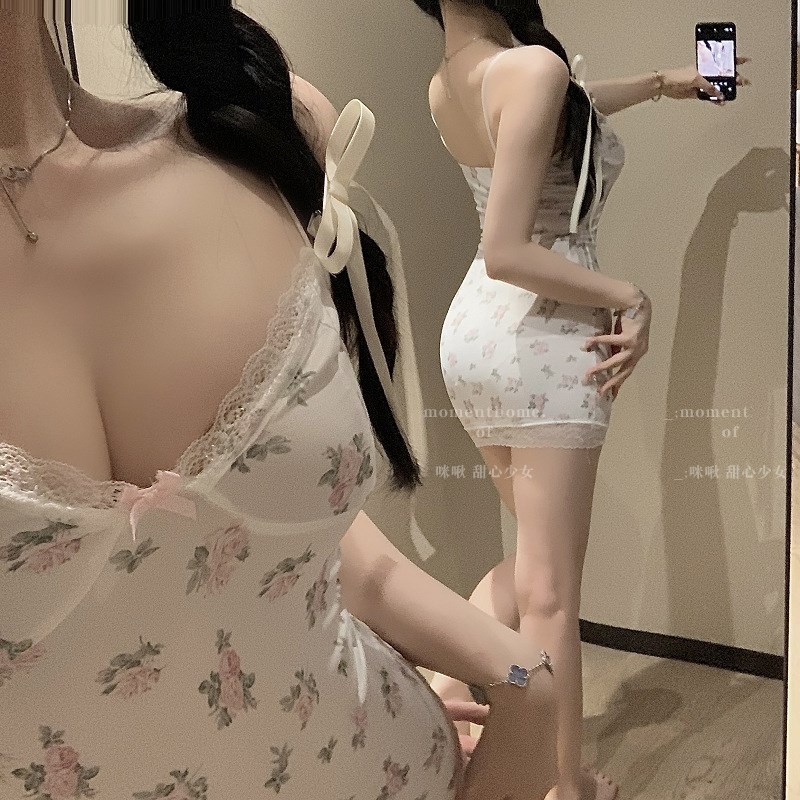 纯欲风甜美小清新l碎花吊带睡裙夏季薄款低胸蕾丝边性感包臀短裙