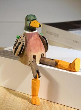 大长腿鸭子手工木雕小摆件木质雕刻趣味搞怪办公室桌面装饰品礼物
