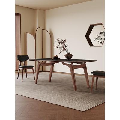 实木餐桌小户型家用 2025 新款现代简约中古风长方形黑色岩板餐桌