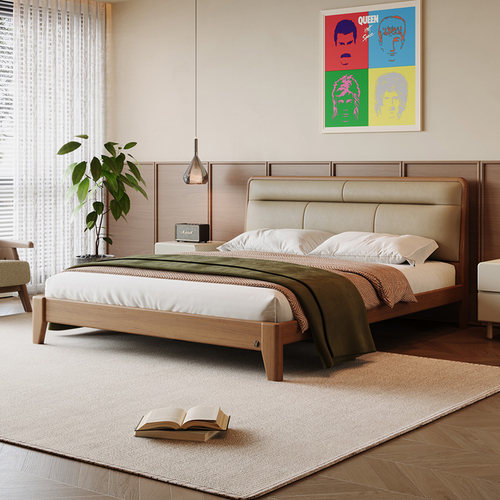 中古风樱桃木全实木床现代简约覆古.米主卧双人真皮床