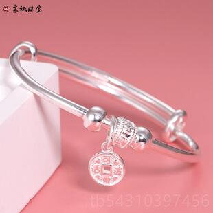 正品小孩银手镯童儿童银纯手镯男女款学足银女999镯子卡通实心手