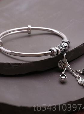正品99子99足银手镯复纯银流苏款貔貅福袋叶子吊坠推拉银镯古女女