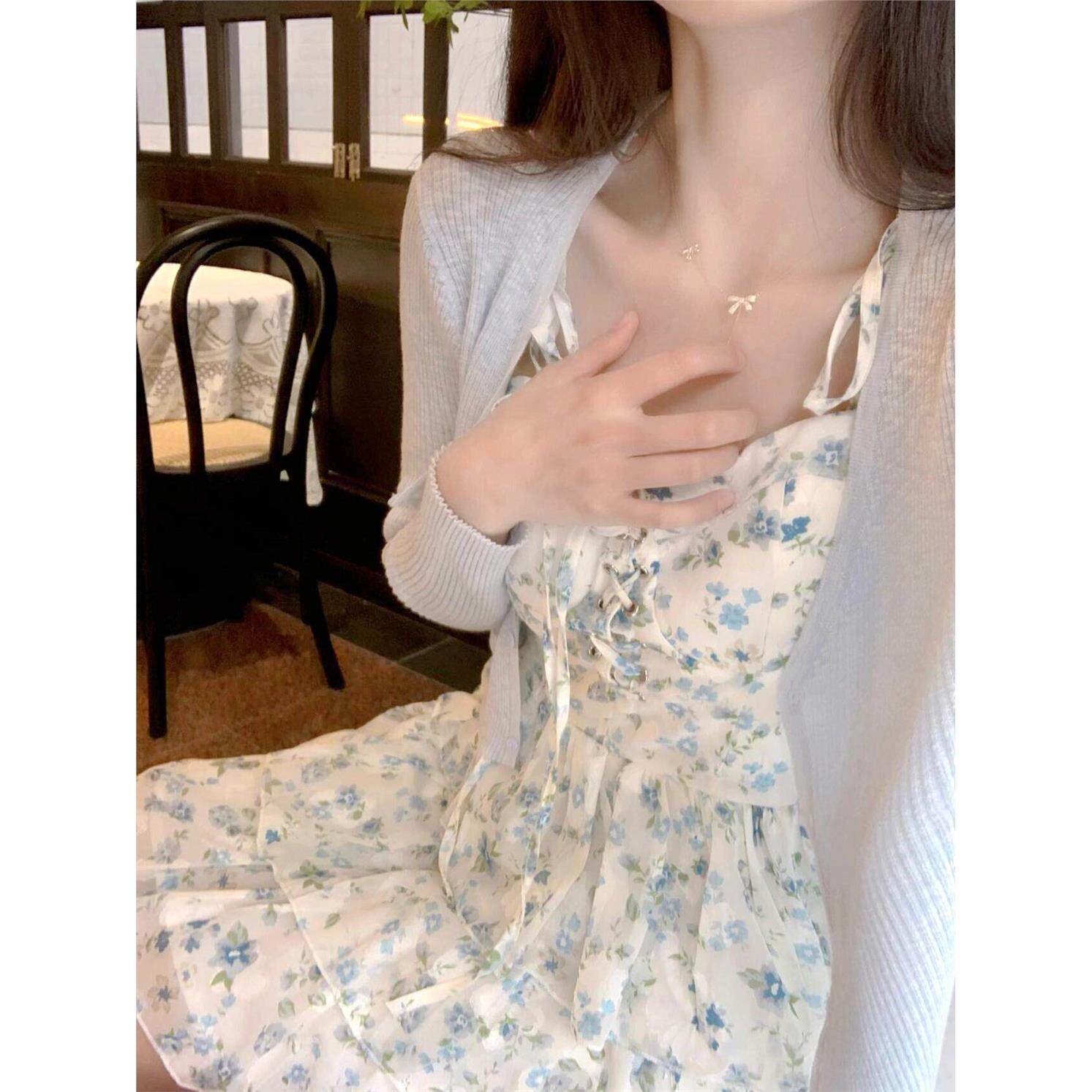 法式雪纺碎花吊带洋装女夏2026新款小个子蓬蓬蛋糕短裙两件式套装