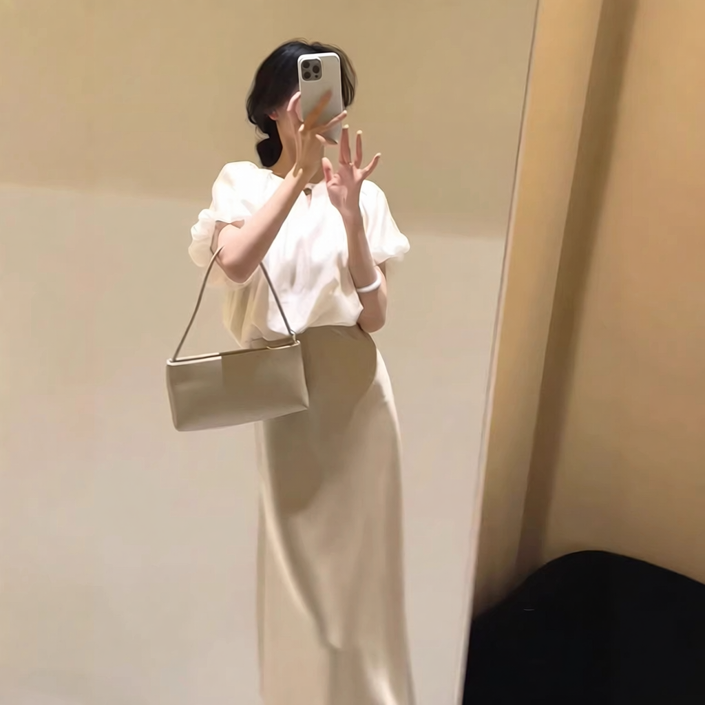 法式白色v领泡泡袖衬衫 香槟色长裙女夏季新款韩系气质套装