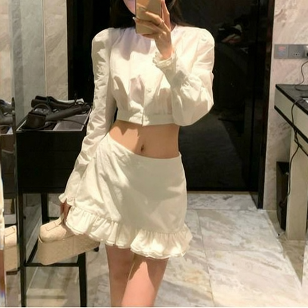 韩系新款时尚套装白色短款长袖衬衫女秋季显瘦百搭半身短裙两件套