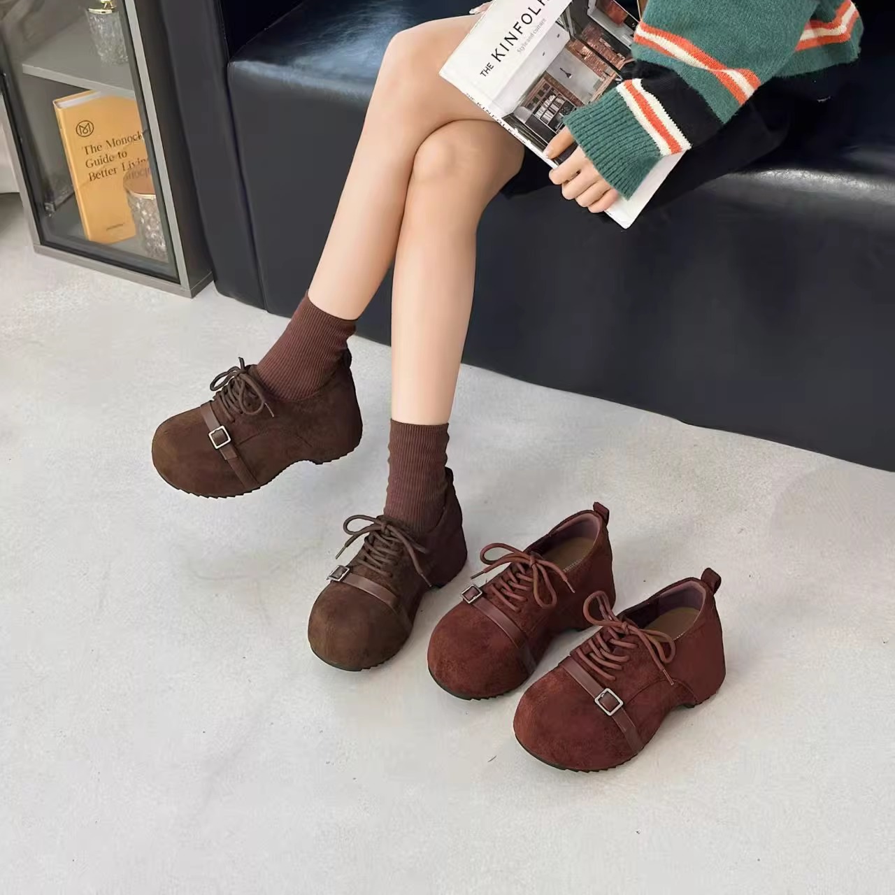 BBLV系带勃肯鞋女平底磨砂皮百搭舒适休闲短靴棕色女鞋2025新款
