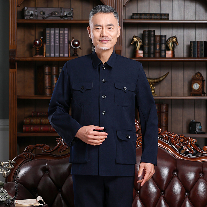 中山装男套装中老年服装老款中山B服老人外套春秋衣服爷爷装爸爸