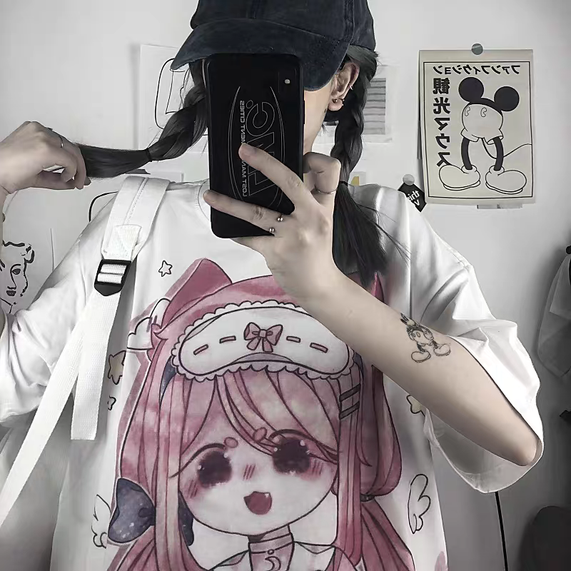 软萌二次元少女印花长短袖T恤宽松显瘦猫耳爱心图案学生日常百搭