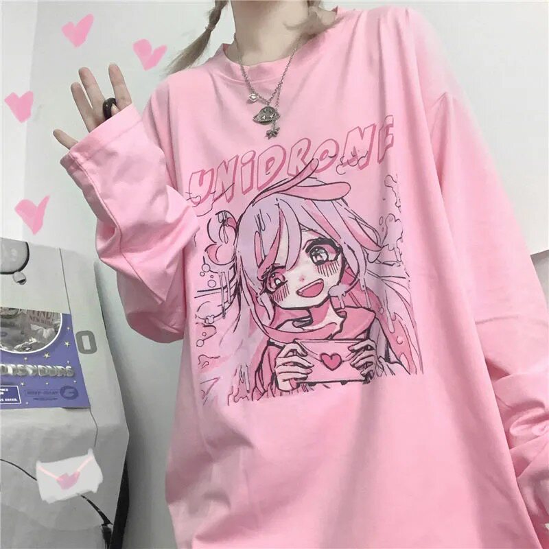纯棉粉色少女心长短袖T恤女软妹学生宽松韩版卡通元气印花休闲