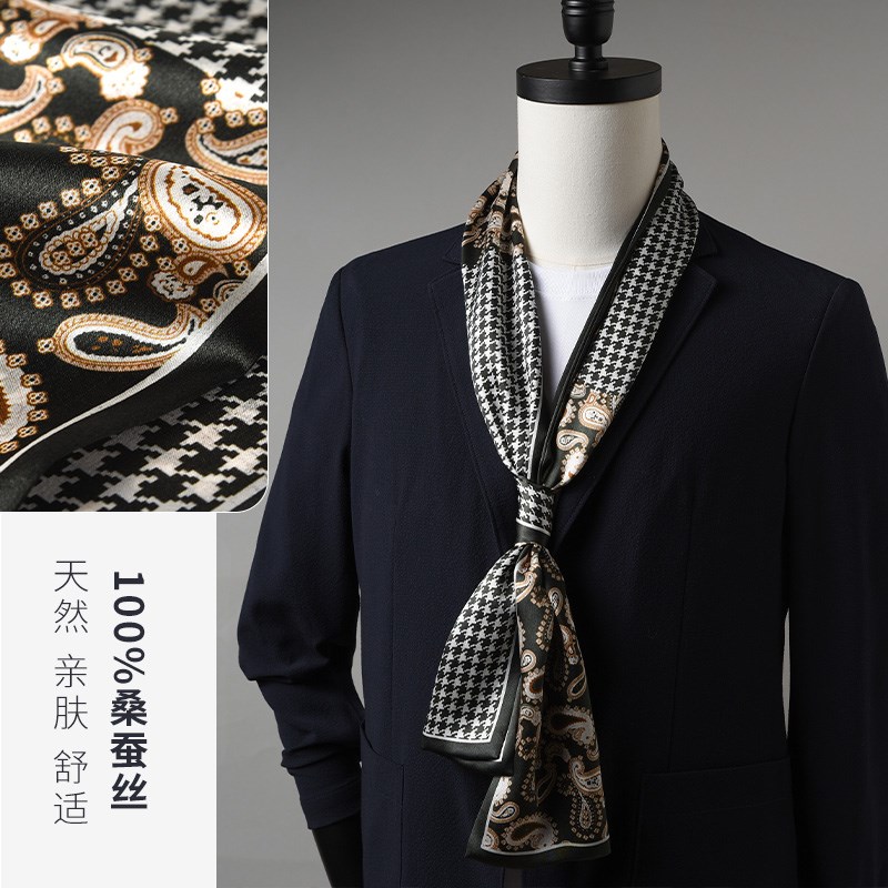 男士真丝窄长条围巾秋冬202z4款搭西装领巾围脖桑蚕丝复古丝巾