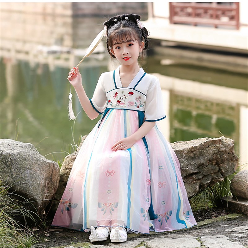 女童汉服夏季短袖唐装中大童连衣裙古风超仙儿R童中国风民族服旗