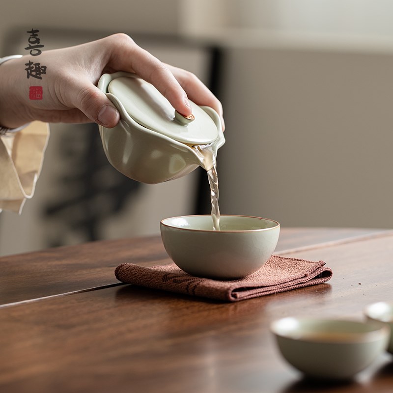 喜趣汝窑一人饮便携式旅行t茶具套装一壶三杯快客杯功夫茶具泡茶