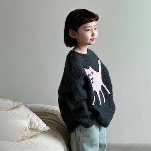 女童毛衣2024新款秋装洋气宝宝慵懒F风马海毛提花针织衫儿童上衣