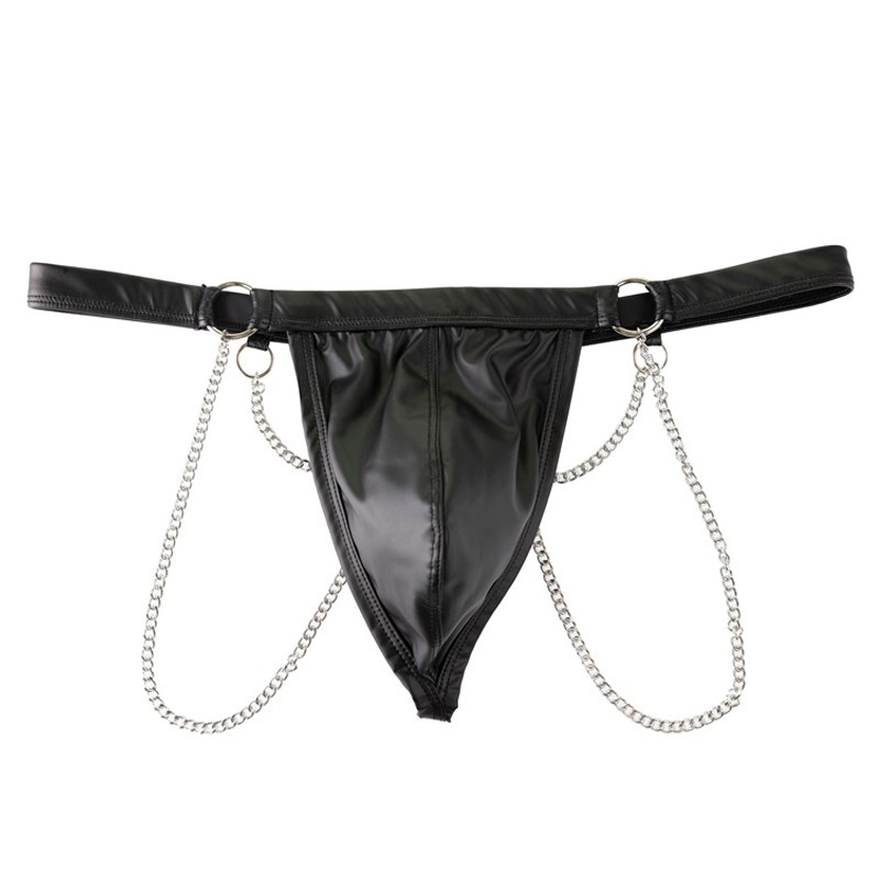 链条装饰男士T型内裤仿皮后空丁字裤F性感漆皮大囊袋舞台表演裤衩