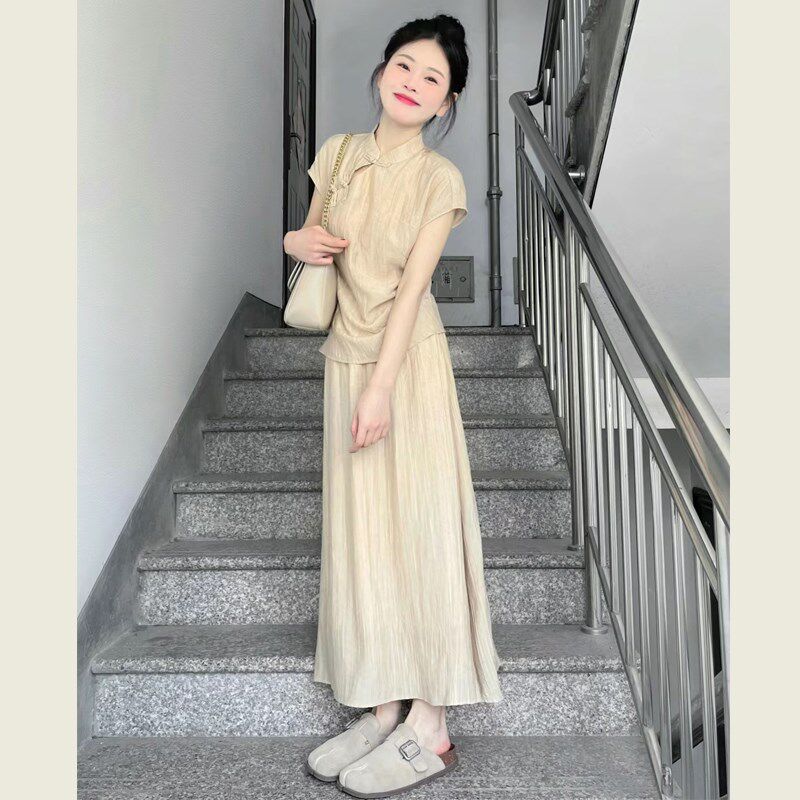 新中式国风旗袍改良版套装盘扣立领E上衣高腰半身裙两件套女夏季