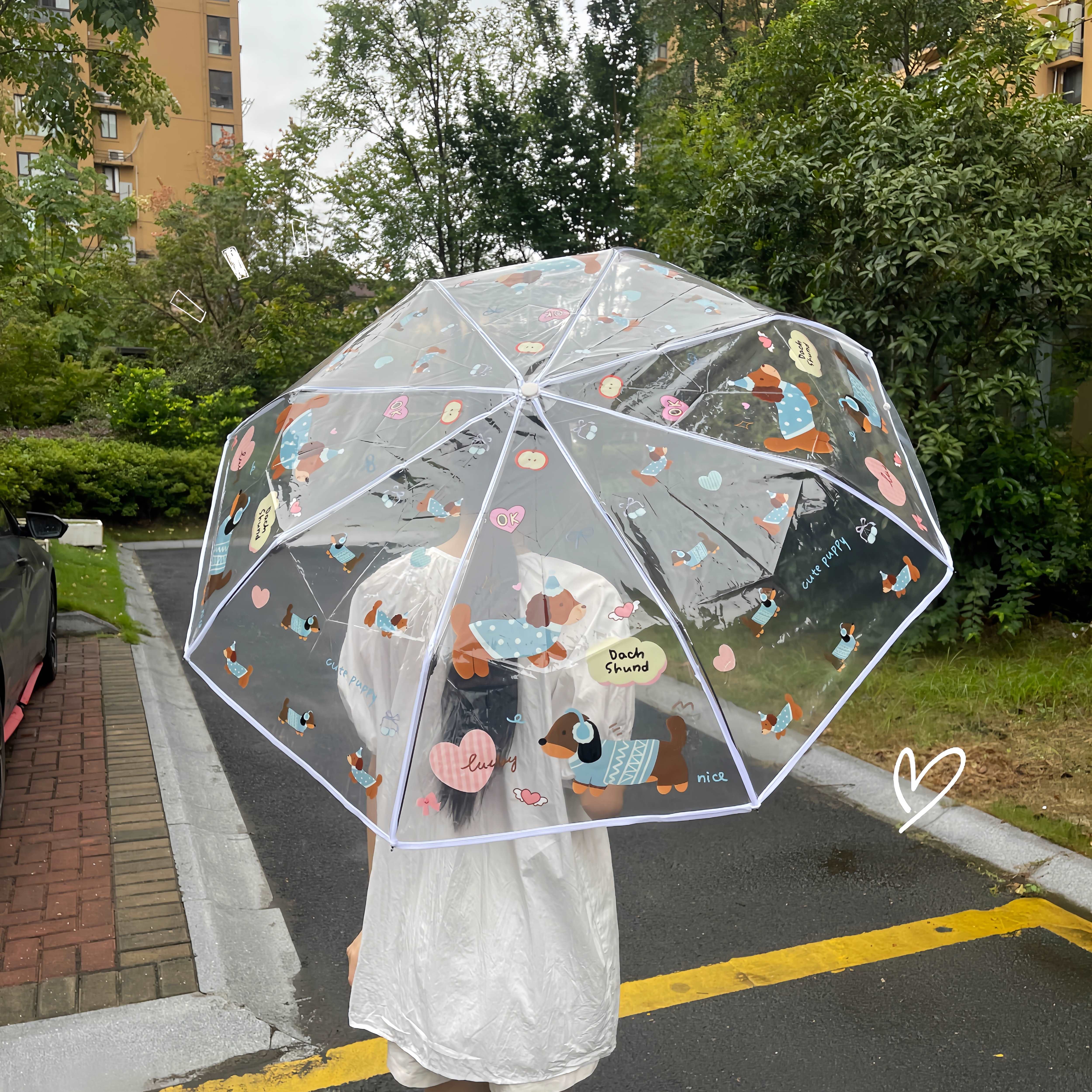 卡通腊肠狗透明雨伞学生上学专用高中生折叠雨伞便携全自动款可爱