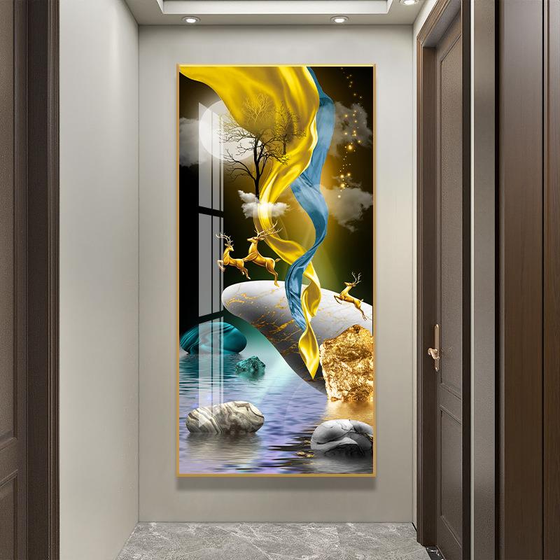 晶瓷玄关画现代简约入门装饰画紫气东来挂画竖版轻奢壁画金属边框图片