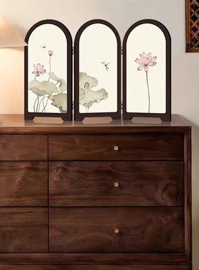 新中式小屏风桌面摆件复古国风荷花装H饰画茶室家居玄关柜斗柜摆