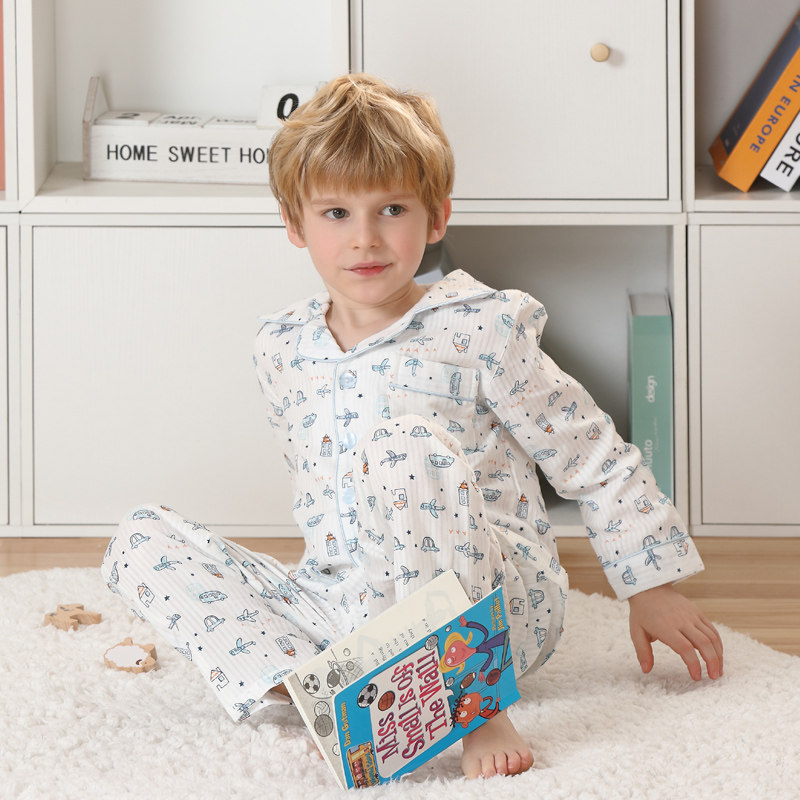 男童睡衣男孩纯棉k纱布春秋薄款长袖恐龙中大童儿童夏空调服家居