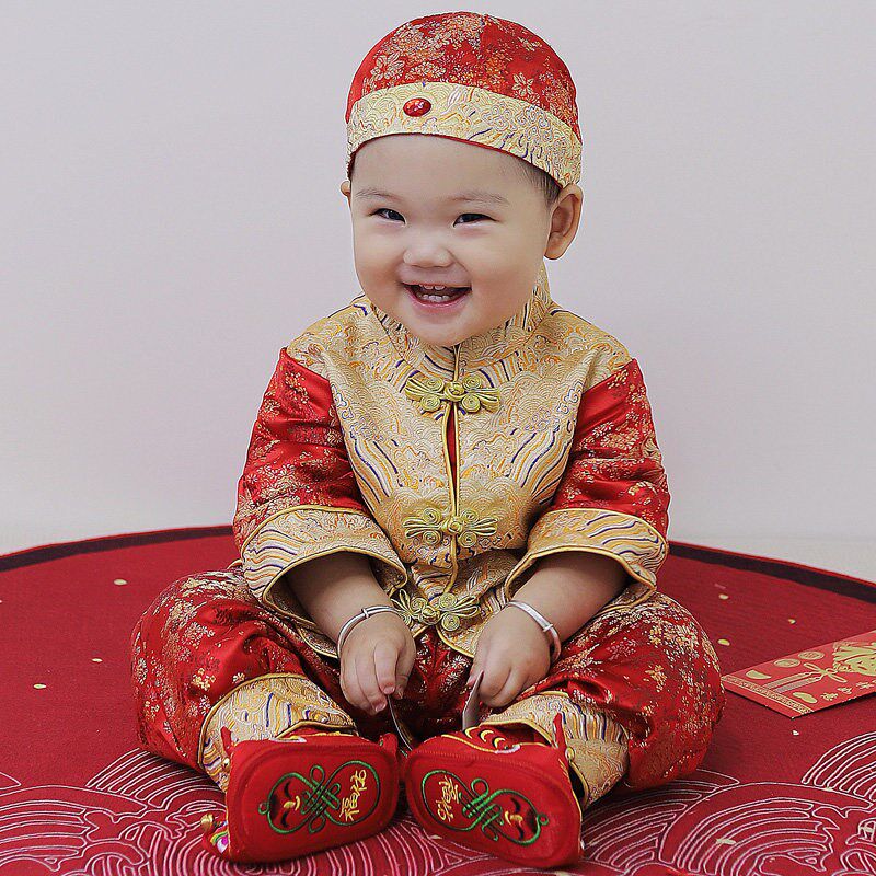 新中式周岁礼服男宝宝秋冬唐装z婴儿一岁抓周红色生日套装加绒吉