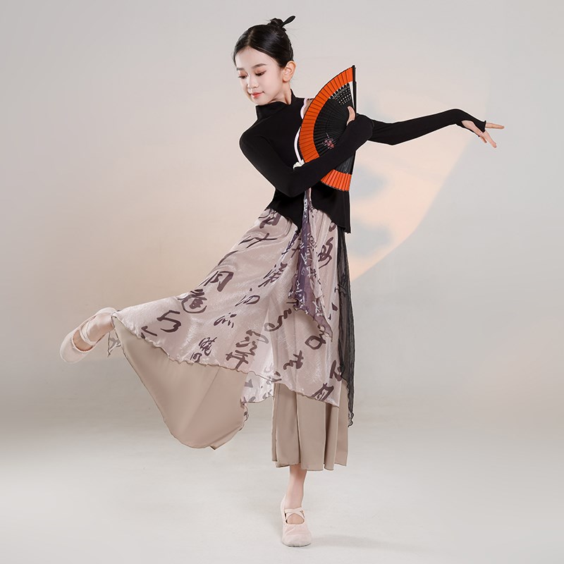 古典舞女童立h领旗袍上衣舞蹈服飘逸纱衣练功服中国舞蹈演出服套
