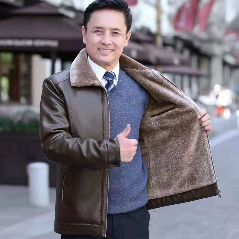 爸爸冬装外套中老年人加绒加厚皮衣服40秋冬季R中年男装50岁夹克