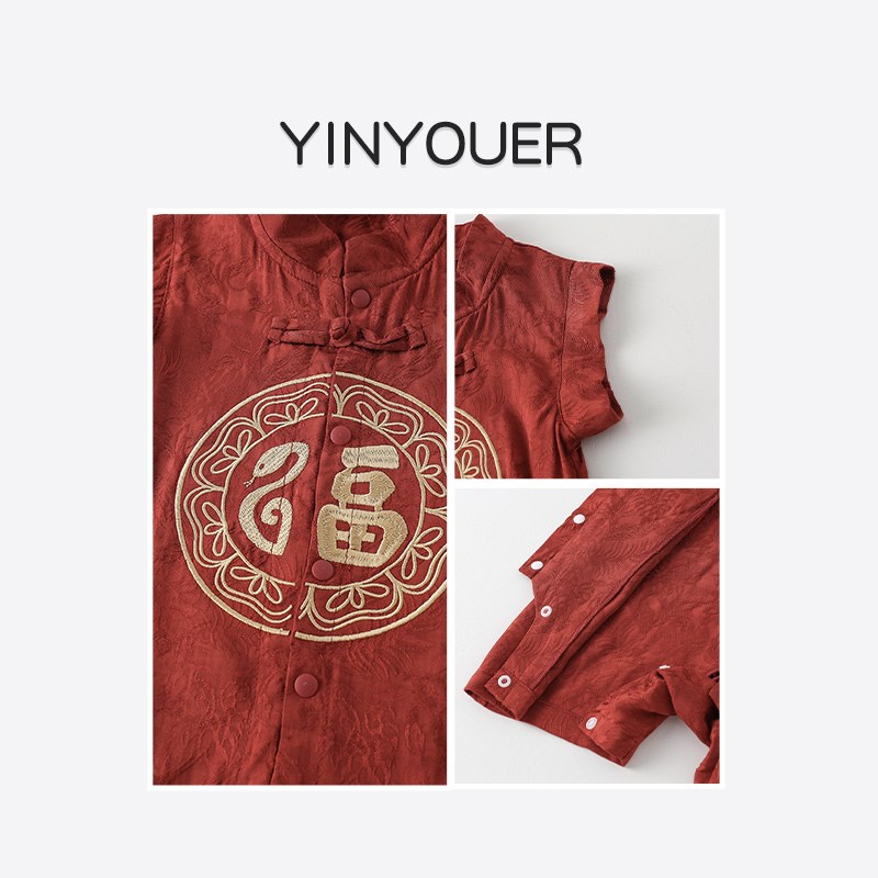 中式婴儿衣c服夏季百天男宝宝国风连体衣红色满月周岁礼服冠衣夏