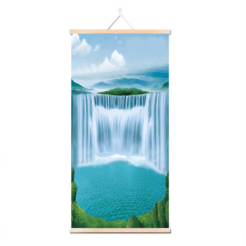 流水瀑布实木轴山水o挂画过道玄关客厅海景装饰画简约自贴墙上背