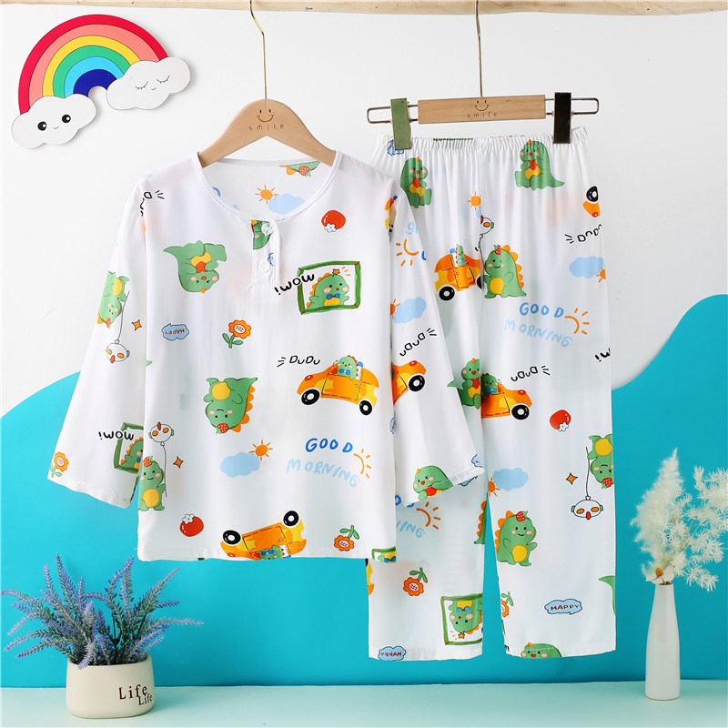 儿童睡衣家居服女童宝宝棉绸内衣休D闲套装春夏薄款透气空调服套