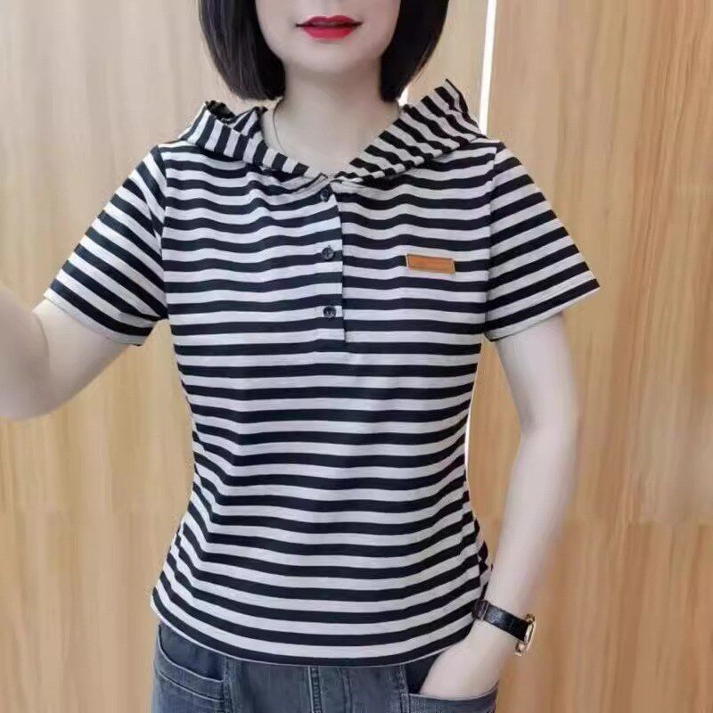 纯棉短袖t恤女卫衣2024春秋新款条纹长袖连帽Q上衣打底衫中年妈妈