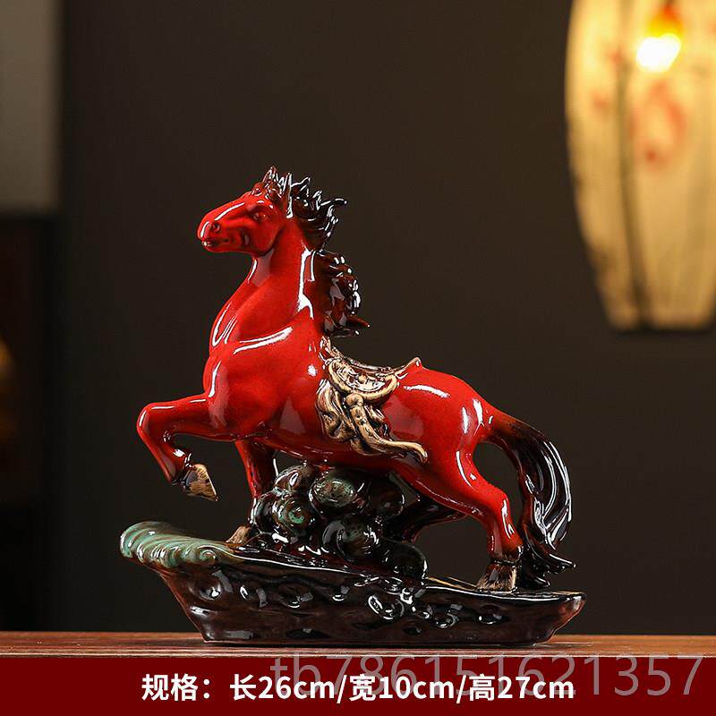 高档马到成功摆红件陶瓷公色财马工艺品创意中式客厅办室家居装招