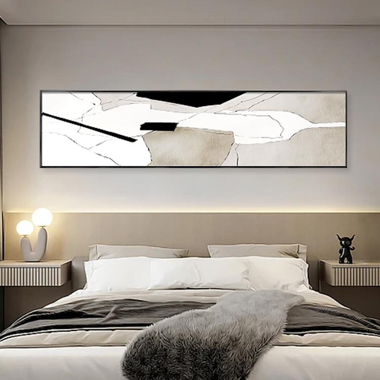 黑白灰抽象卧室装饰画现代简约轻奢横幅床头挂画主卧背景墙壁画
