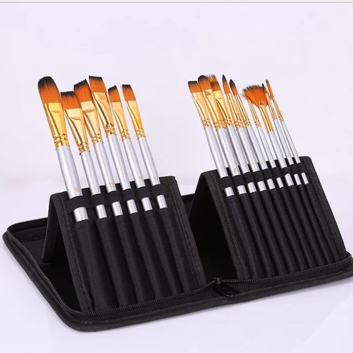 甄选15支布包画笔套装水彩笔勾线笔丙烯油画用笔多功能组合绘画套