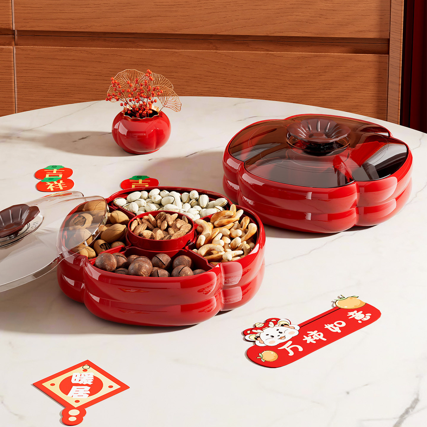 LOV乐屋红色中式果盘家用客厅茶几五分格糖果盒零食盘喜庆干果盘,餐饮具,果盆/果盘/果篮,淘宝优惠券,粉丝福利购,淘宝优惠卷