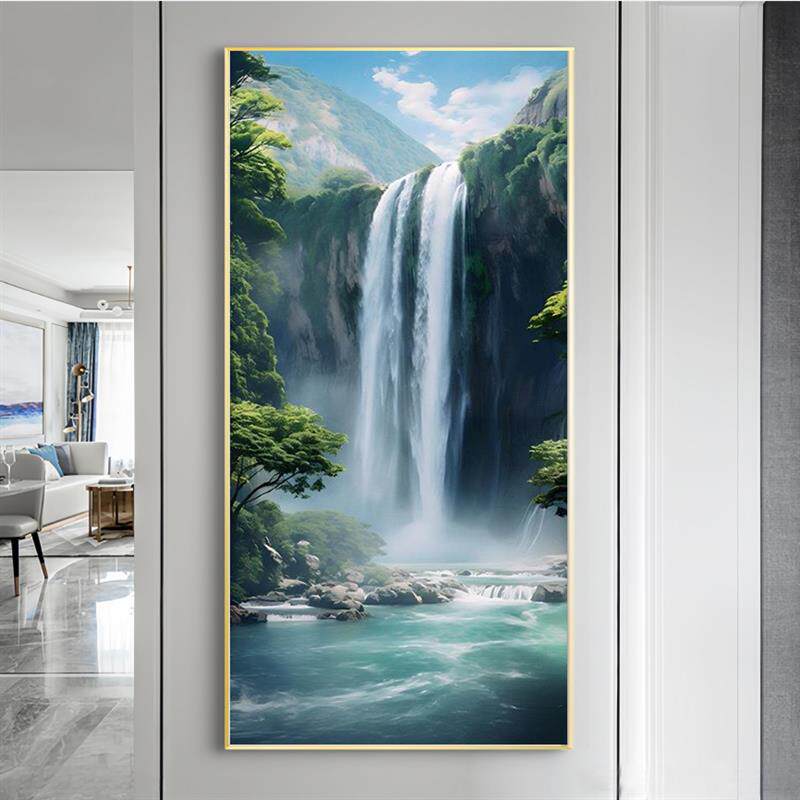 高山流水瀑布玄关画招财镇宅客厅进门装饰风水画防水防潮高清大图