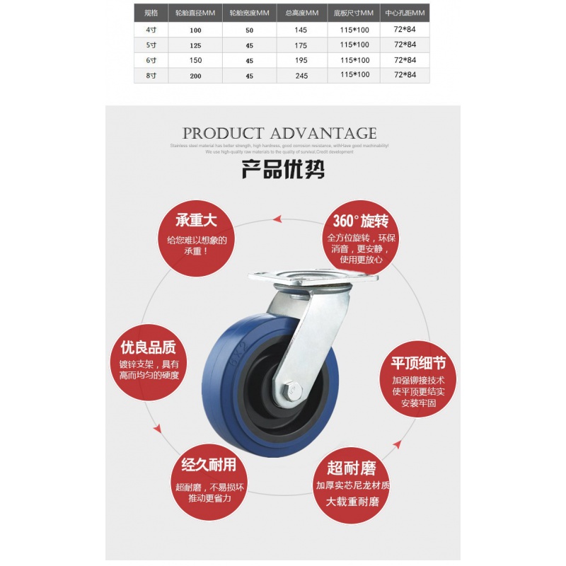 重型橡胶脚轮4寸5寸6寸8寸万向轮超静音省力轮手推车轮加厚超耐磨