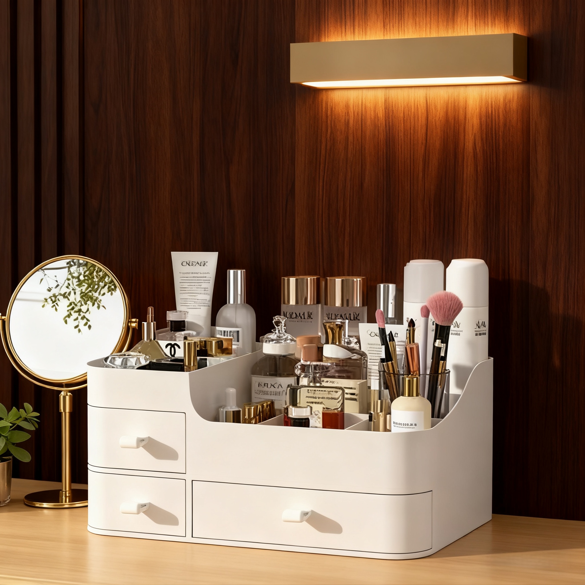 白色化妆品收纳架桌面高级感大容量抽屉式多层整理盒带镜子化妆包