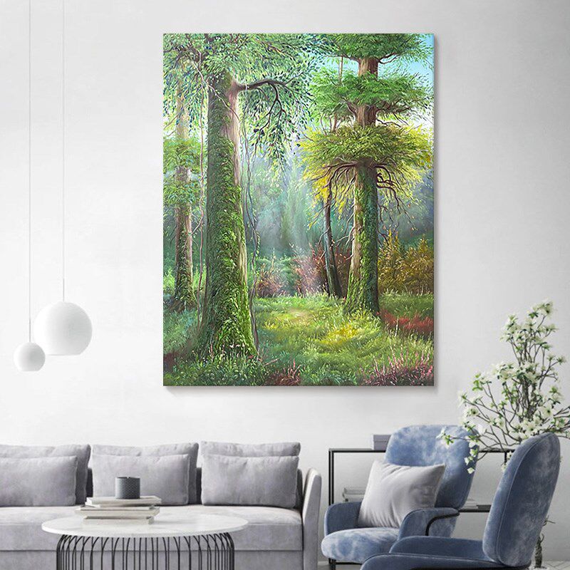 大芬油画村绿色大树风景手绘森系松树肌理客厅装饰画植物玄关挂画