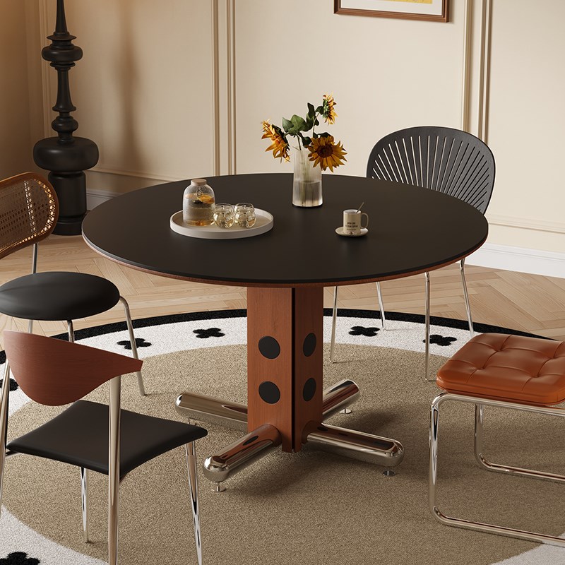 2025新款包豪斯中古岩板圆桌实木不锈钢腿餐桌小众复古波尔卡圆桌