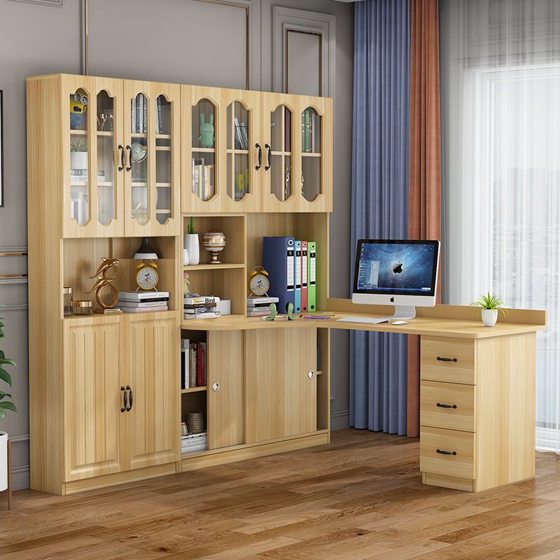 实木转角书桌书架组合拐角儿童学习桌家用卧室台式电脑桌书柜一体
