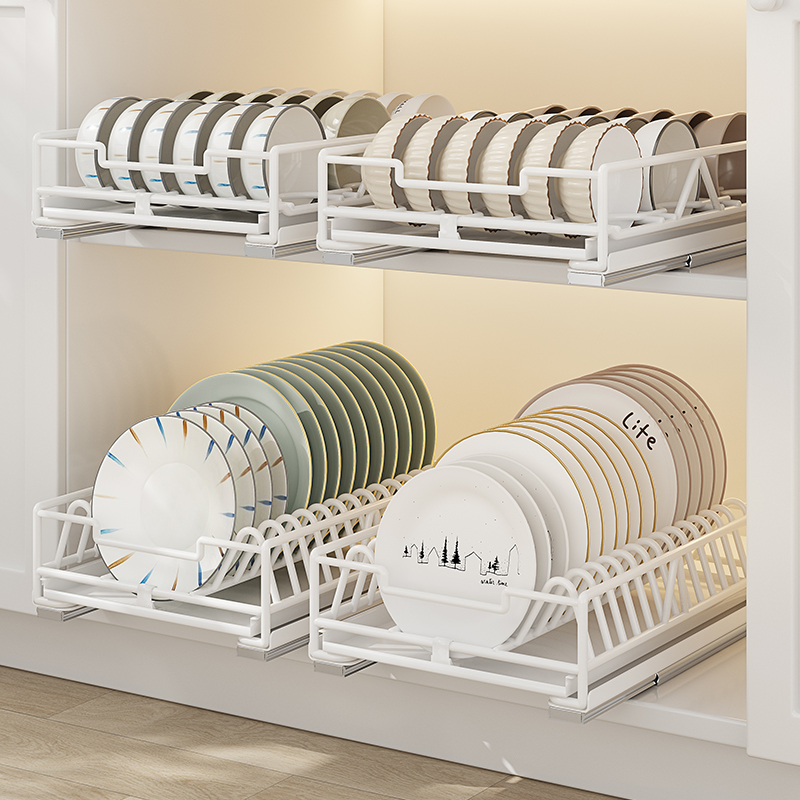 厨房碗碟收纳层架整体橱柜内置拉篮抽屉式抽拉碗架放碗盘沥水滑轨